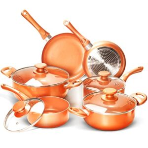 FRUITEAM 10pcs Cookware Set Ceramic Nonstick Soup Pot/Milk Pot/Frying Pans Set | Copper Aluminum Pan with Lid, Induction Gas Compatible, 1 Year Warranty Mothers Day Gifts for Wife…