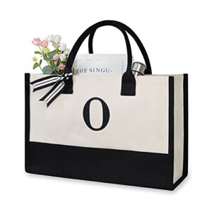 TOPDesign Embroidery Initial Canvas Tote Bag, Personalized Present Bag, Suitable for Wedding, Birthday, Beach, Holiday, is a Great Gift for Women, Mom, Teachers, Friends, Bridesmaids (Letter O)