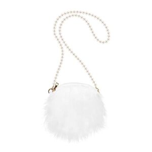 FENICAL Crossbody Bag Plush Pearl Chain Cellphone Purse Small Fuzzy Shoulder Pouch for Women Ladies Girls – White