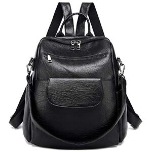 Backpack Purse For Women Waterproof bookbag Ladies Rucksack Crossbody Shoulder Bag (Black PU)