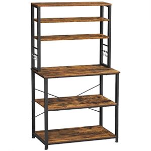 VASAGLE Bakers Racks, Microwave Oven Stand, 6-Tier Coffee Bar, 6 Hooks, Metal Frame, Sturdy, 15.7 x 31.5 x 65.7 Inches, Rustic Brown and Black UKKS019B01