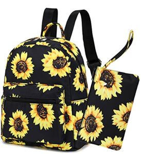 LEDAOU Mini Backpack Set Girls Fashion bookbags with Purse wallet backpack wallet set for Women Teens School Travel Bag (Black sunflower)