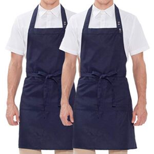 BE THE CHEF 2Pack Adjustable Snap Button Bib Apron with 2Pockets for Restaurant, Cafe, Home (Navy)