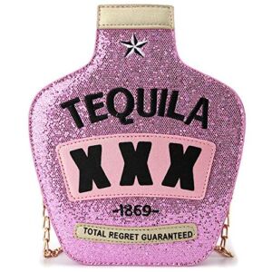 QiMing Tequila Bottle Shaped Laser Shoulder Handbags,Pu Crossbody Purse for women(Pink B)