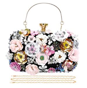 Selighting Colorful Floral Clutch Evening Bags for Women Formal Beaded Wedding Purse Prom Cocktail Party Handbags Black