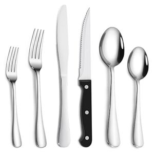 Cibeat 24-Piece Silverware Set with Steak Knives, Stainless Steel Flatware Set, Kitchen Cutlery Set for 4, Include Steak Knife/Fork/Spoon, Dishwasher Safe