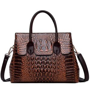 Women Satchel Handbags Top-Handle Bags fuax Leather Embossed Crocodile pattern shoulder bag, Brown, Large
