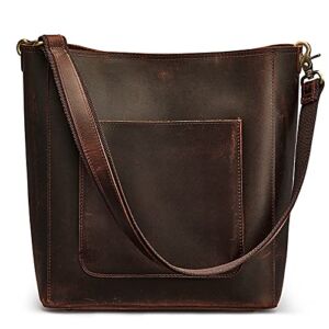 S-ZONE Women Vintage Genuine Leather Bucket Tote Bag Hobo Handbag Distressed Shoulder Purse