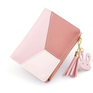Small Wallet for Women Girls, Bifold Slim PU Leather Multi Slots Card Holder Organizer Coin Purse Zipper with Tassel Pendants (Pink)