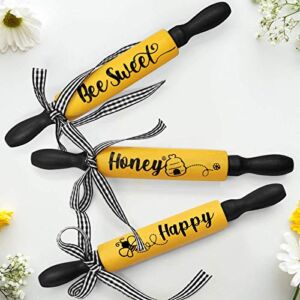 Bee Wooden Mini Rolling Pins Set of 3, Spring Summer Farmhouse Bee Home Kitchen Decor Yellow Black Honey Bee Tiered Tray Decor Signs, Bee Sweet Bee Happy Mini Rolling Pins with Buffalo Plaid Bow
