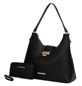 MKF Set Hobo Bag for Women & Wristlet Wallet – PU Leather Designer Handbag Purse – Shoulder Strap Lady Pocketbook Black