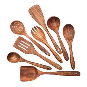 Asaph Home 8-Piece Teak Wood Cooking Utensil Set ｜Wooden Spoons For Cooking ｜Spatula Set | Serving Spoons | Serving Utensils | Kitchen Utensils Set | Spurtle