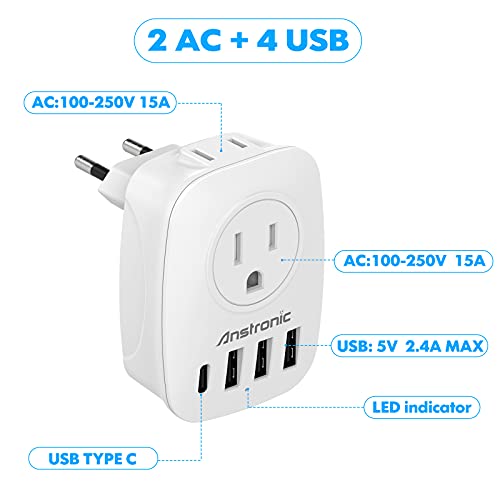 [3-Pack] European Travel Plug Adapter, Anstronic International Power Adaptor with 2AC Outlets & 3USB-A & 1USB-C Charger from USA to Most of Europe EU Spain Germany France Italy Israel(Type C) | The Storepaperoomates Retail Market - Fast Affordable Shopping