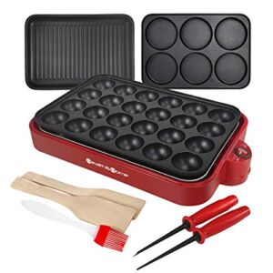 Health and Home Multifunction Nonstick Baking Maker with 3 Interchangeable Baking Plates for Grill,Pan Cake and Cake Pops,Takoyaki Maker.RED
