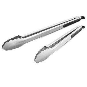 304 Stainless Steel Kitchen Cooking Tongs, 12″ and 14″ Set of 2 Sturdy Grilling Barbeque Brushed Locking Food Tongs with Ergonomic Grip, Black
