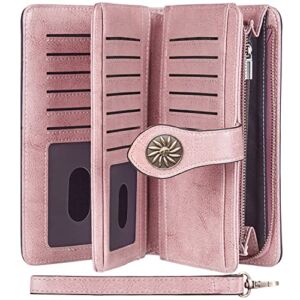 Travelambo Womens Wallet Large Capacity RFID Blocking Genuine Leather Wristlet Wallets(Pink)