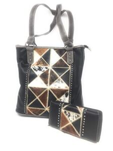 Concealed Carry Hobo Double Flat Strap Purse Southwest Cowhide & Matching Wallet (Black)