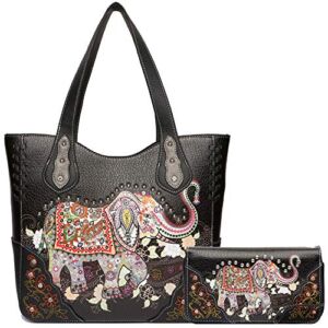 Elephant Rhinestone Studded Western Style Concealed Carry Purse Handbag Women Shoulder Bag Wallet Set (Black Set)