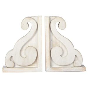 GENMOUS & CO. Rustic Distressed Vintage Scroll Corbel Bookends Farmhouse Whitewashed Wood Decorative Bookends, Set of 2