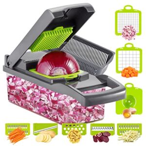 Ourokhome Vegetable Chopper, Onion Chopper, 12 in 1 Professional Mandoline Slicer for Kitchen, Multifunctional Food Chopper Cutter for Potato, Tomato, Veggie with 8 blades and Filter Basket (Gray)