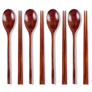 Ecloud Shop Wooden Chopsticks Spoon Set Korean Dinnerware Reusable Long Handle Spoons Chopsticks for Home Kitchen Restaurant (4 Sets)