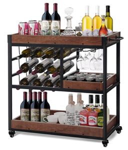 Bar Carts for Home, Home Bar Serving Cart with 12 Bottle Wine Rack and Wine Glasses Holder, Rustic Rolling Bar Cart with Removable Shelves for Home