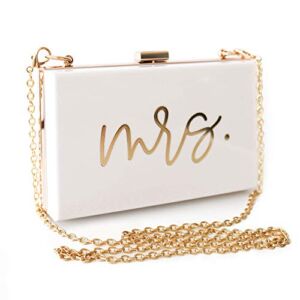 ModParty Mrs Acrylic Clutch Purse | Bridal Shower, Engagement, & Honeymoon Gift | Bride to Be Accessory | Crossbody with Removable Chain | White and Gold