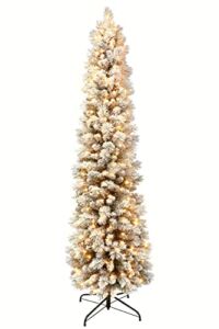 Puleo International 6.5 Foot Pre-Lit Flocked Portland Pine Pencil Artificial Christmas Tree with 300 UL-Listed Clear Lights