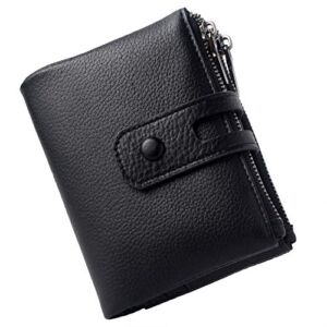 Bveyzi Small Soft Leather Wallet for Women RFID Blocking Ladies Card Holder with Double Zipper Pocket (Black)