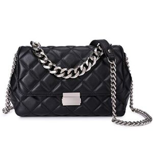 DORIS&JACKY Leather Quilted Shoulder Handbags Classical Crossbody Purse with Metal Chain black