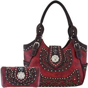 Western Style Rhinestone Concho West Concealed Carry Purse Country Handbag Women Shoulder Bag Wallet Set (#2 Red Set)