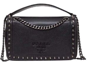 Prada Pattina Glace Calf Leather Nero Black Pattina Studded Handbag Small