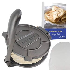 10 Inch Cast Iron Tortilla Press by StarBlue with FREE 100 Pieces Oil Paper and Recipes e-book – Tool to make Indian style Chapati, Flour Tortilla, Roti