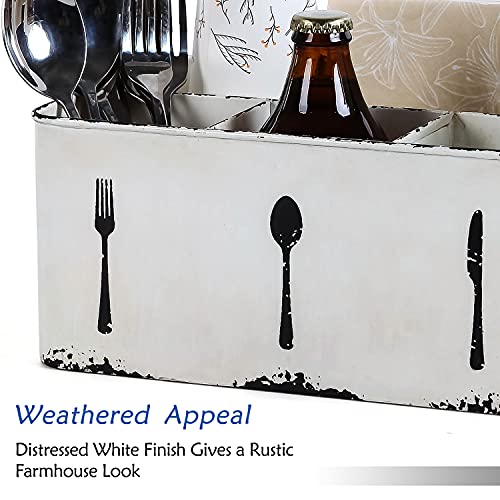 NIKKY HOME Utensil Caddy, Farmhouse Rustic Metal Cutlery Silverware Caddy with 4 Compartments, Flatware Holder Organizer for Kitchen Countertop, Picnics, Party, Camping, Outdoor – Distressed White | The Storepaperoomates Retail Market - Fast Affordable Shopping