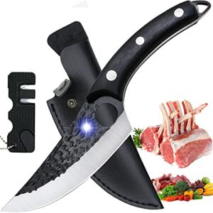 YICCU Boning Knife for Meat Cutting, Hand Forged Meat Cleaver Knife with Sheath & Pocket Knife Sharpener, Chef Knives Fishing Skinning Filet Viking Knife for Home, Outdoor, Survival, Camping, BBQ