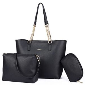Tote handbag women purse set: leather multi-pocket crossbody zipper bags chain shoulder strap hobo Satchel wallet 3pcs – black