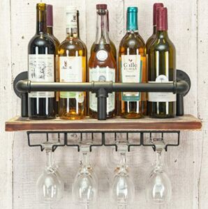 WAKI HOME Industrial Wall Mounted Wine Rack, Wine Bottle Stemware Glass Rack, Floating Shelf Pipe Hanging Shelving with Glass Holders for Wine Glasses, Flutes, Mugs, Home Décor, Kitchen, Bar,