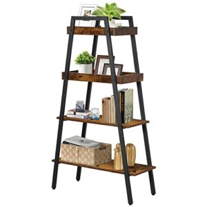 VECELO Ladder Bookshelf-4 Tier, Wood Storage Rack Industrial Bookcases Metal Frame, Plant Flower Stand for Living Room, Home Office, Kitchen, Bedroom, Easy Assembly, Rustic Brown