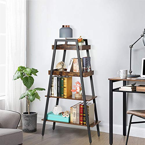 VECELO Ladder Bookshelf-4 Tier, Wood Storage Rack Industrial Bookcases Metal Frame, Plant Flower Stand for Living Room, Home Office, Kitchen, Bedroom, Easy Assembly, Rustic Brown | The Storepaperoomates Retail Market - Fast Affordable Shopping