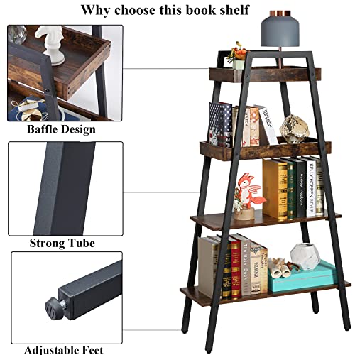 VECELO Ladder Bookshelf-4 Tier, Wood Storage Rack Industrial Bookcases Metal Frame, Plant Flower Stand for Living Room, Home Office, Kitchen, Bedroom, Easy Assembly, Rustic Brown | The Storepaperoomates Retail Market - Fast Affordable Shopping