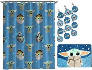 Star Wars The Mandalorian Blue Space 14 Piece Bathroom Set – Includes Shower Curtain, 12 Hooks, & Non-Slip Bath Rug – Easy Care Fabric Features Baby Yoda Grogu (Official Star Wars Product)