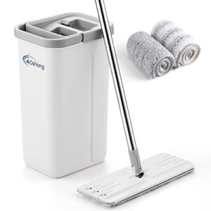oshang Flat Floor Mop and Bucket Set OG3, Hands Free Home Floor Cleaning System, 60″ Long Stainless-Steel Handle, 2 Washable & Reusable Microfiber Mop Heads, Perfect Home Wall Window Kitchen Cleaner