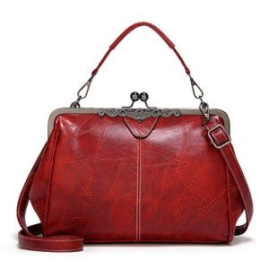 Vintage Kiss Lock Handbags for Women Oil Leather Evening Clutch Satchel Purse Tote, Wine, 1
