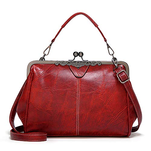 Vintage Kiss Lock Handbags for Women Oil Leather Evening Clutch Satchel Purse Tote, Wine, 1 | The Storepaperoomates Retail Market - Fast Affordable Shopping