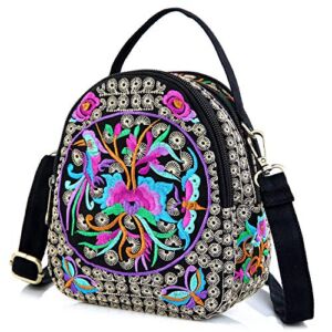Embroidery Canvas Shoulder Bag Women Vintage Boho Mini Crossbody Bag Handbag Cell Phone Pouch (Pink Blue)