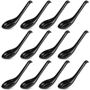 12 Pieces Asian Soup Spoons Melamine Rice Spoons Noodle Soup Spoons Japanese Soup Spoon for Home and Kitchen (Black)