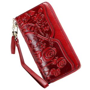 PIJUSHI Genuine Leather Wallets for Women Designer Floral Wristlet Wallet Ladies Clutch Purse with Tassel (20098 Red)