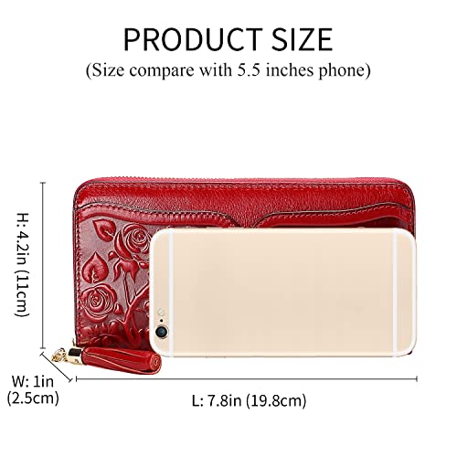 PIJUSHI Genuine Leather Wallets for Women Designer Floral Wristlet Wallet Ladies Clutch Purse with Tassel (20098 Red) | The Storepaperoomates Retail Market - Fast Affordable Shopping