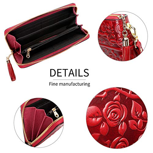 PIJUSHI Genuine Leather Wallets for Women Designer Floral Wristlet Wallet Ladies Clutch Purse with Tassel (20098 Red) | The Storepaperoomates Retail Market - Fast Affordable Shopping