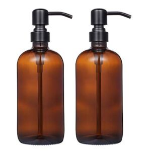 2 Pack Thick Amber Glass Pint Jar Soap Dispenser with Matte Black Stainless Steel Pump, 16ounce Boston Round Bottles Dispenser with Rustproof Pump for Essential Oil, Lotion Soap